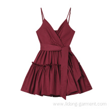 Women Fashion Burgundy Ruffles Strap Dress